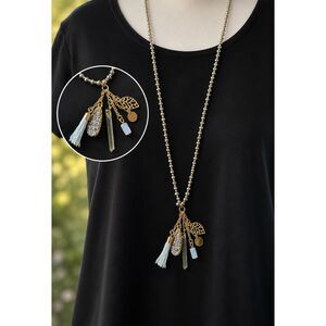 ETC! Long Gray Crystal Beaded Tassel Pendant Necklace Leaf Charm 33" Gold Tone